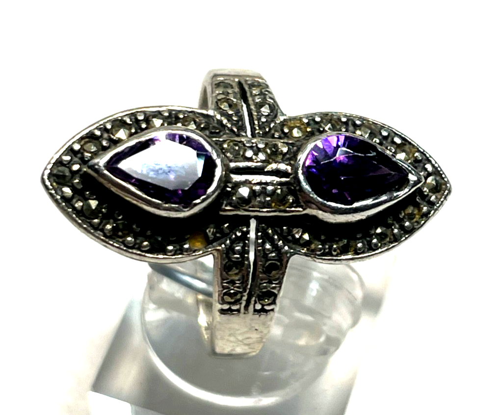 925 Silber Ring mit Amethyst + Markasit antikstil  RG 53 Ø 17mm1