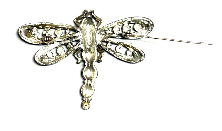 Vintage Modeschmuck Brosche große silberfarbige Libelle Dragonfly mit Strass5