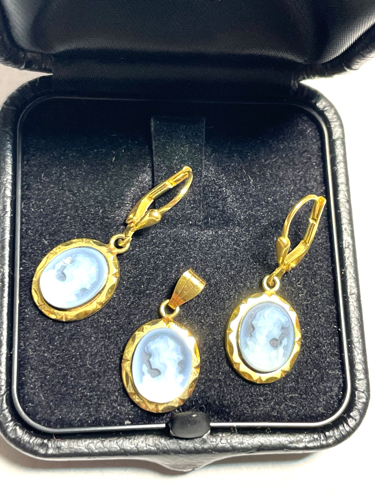 333 Gold Cameo blue Onyx Ohrringe und Anhänger Set Kamee0