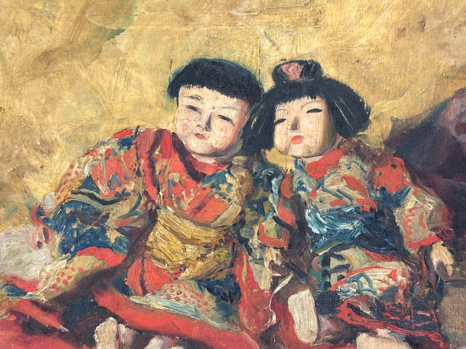 Albert Hubert (1878-?) – Japanische Puppen in Kimonos - Öl auf Masonit signiert2