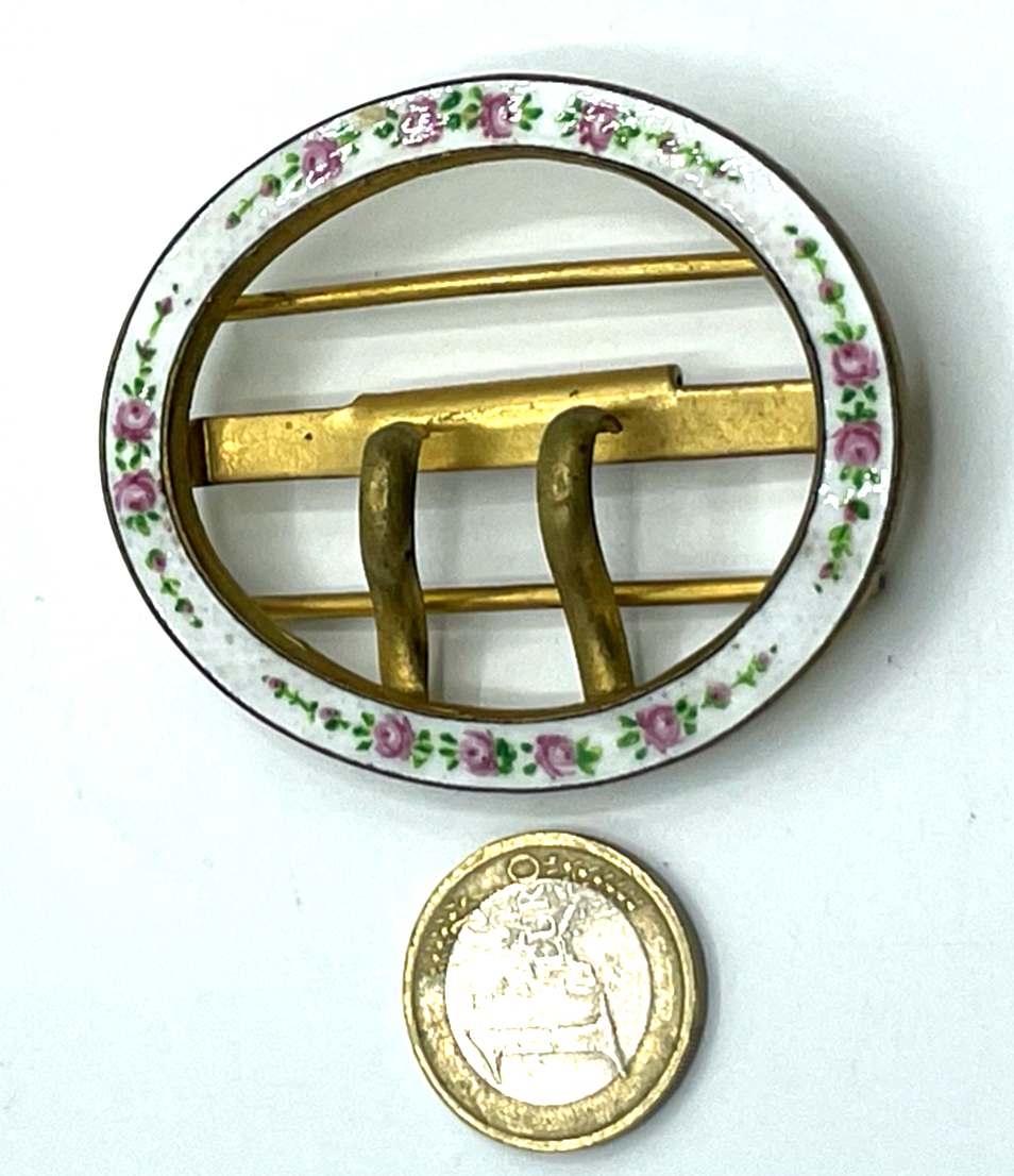 Antik Jugendstil ovale Gürtelschnalle Guilloche Rosen Emaille feuervergoldet8