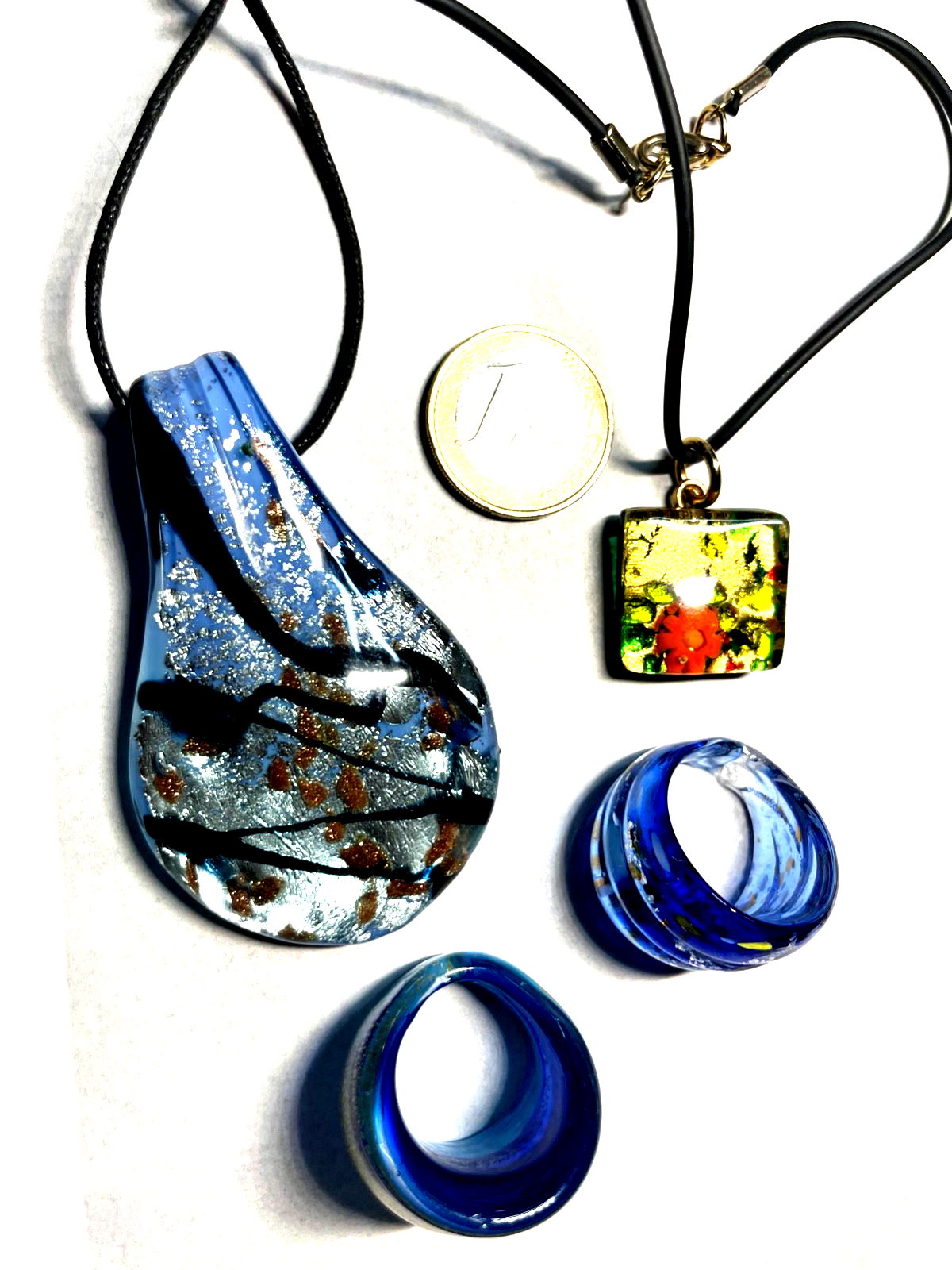 Vintage Handarbeit Murano Glas Schmuck 2 Ringe 2 Anhänger sehr gepflegt8