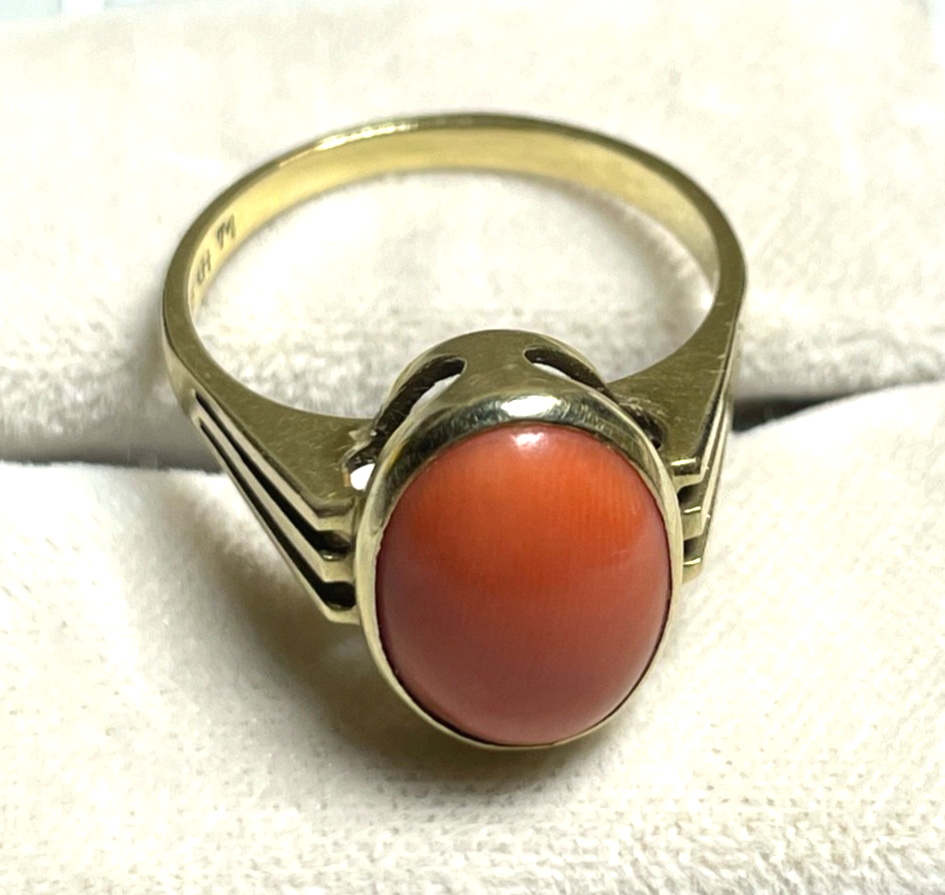 Solider 585 Gold 14 K Ring 19 mm RG 60 Natur Lachs Koralle Cabochon Juwelier2