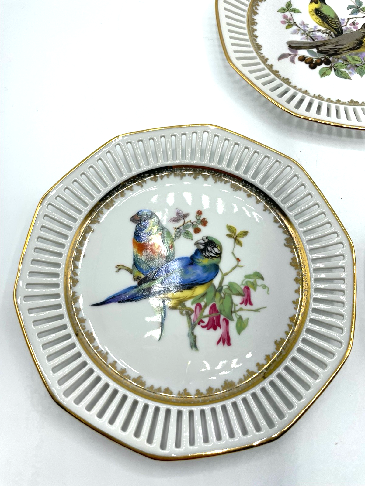3 Zierteller Winterling Porzellan Durchbruch Rand verschiedene Vögel + Golddekor2