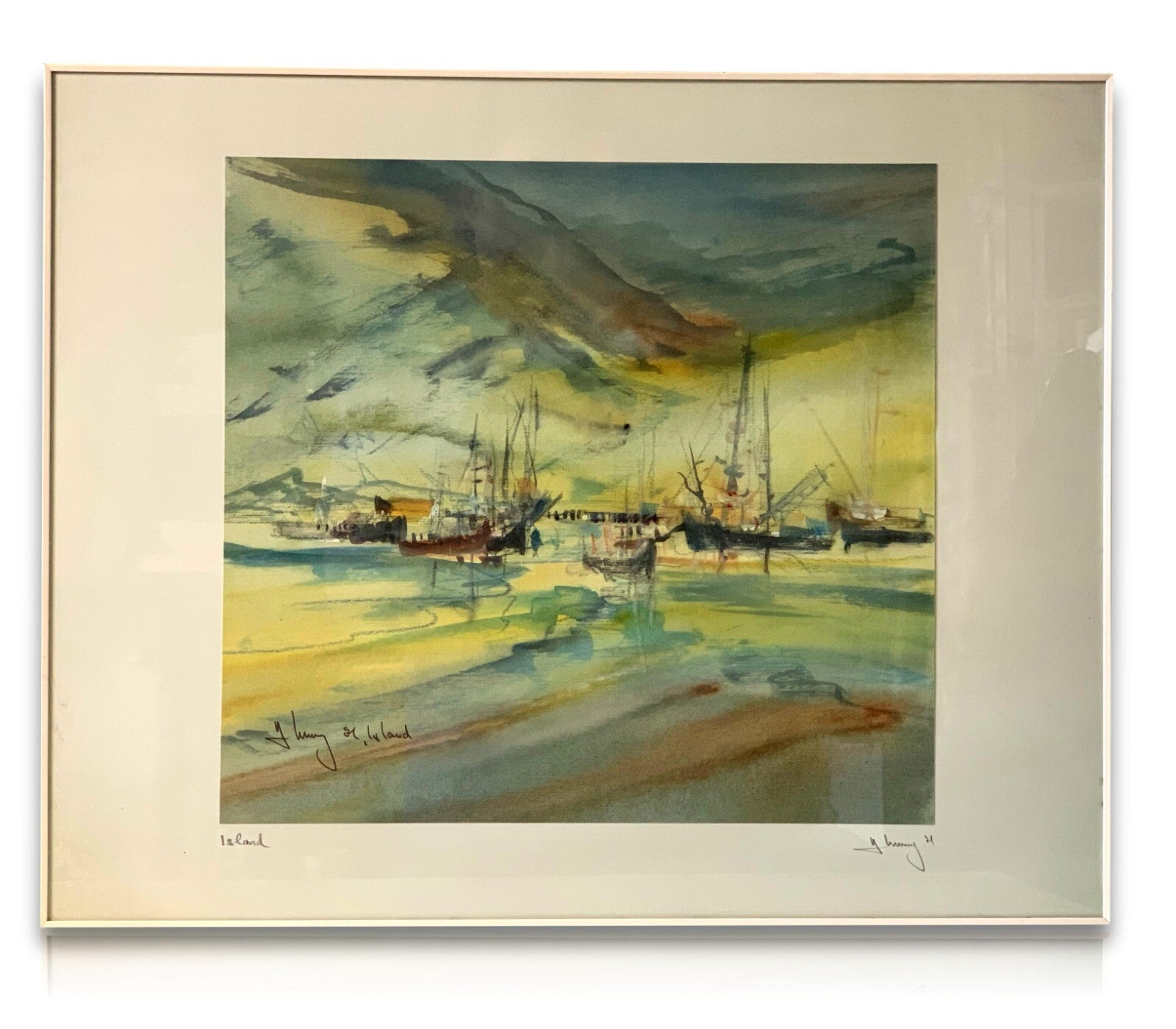 Harald Immig - Aquarell Karton - 'Island' Hafenszene 1991 - gerahmt hinter Glas0
