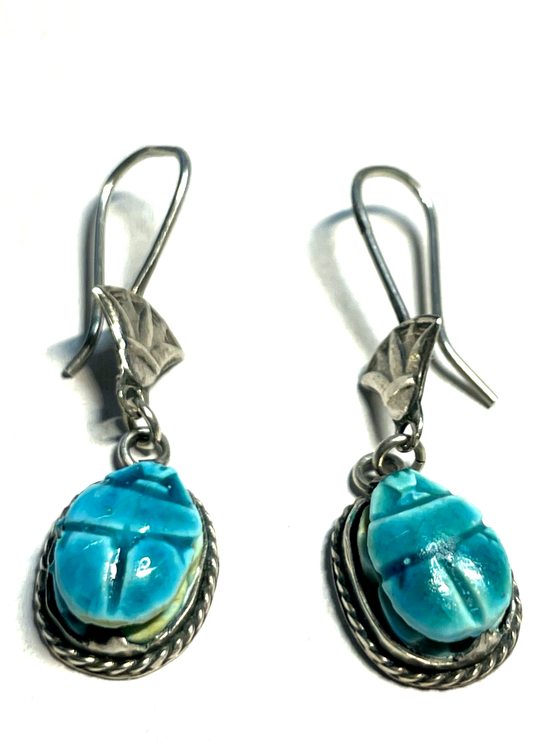 Vintage handgefertigte 925 Silber Ohrhänger Skarabäus mit Kartusche + Lotusblüte5