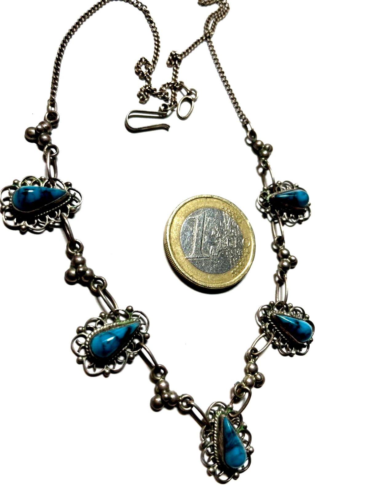 925 Sterling Silber Kette Collier mit 5x Türkis Mexiko Handarbeit sehr apart5