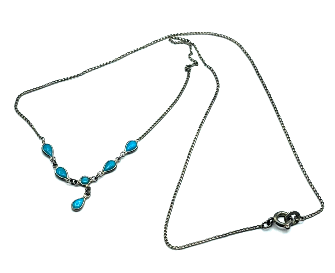 Vintage 925 Sterling Silber Kette zartes Collier 6x Türkis Handarbeit sehr apart4