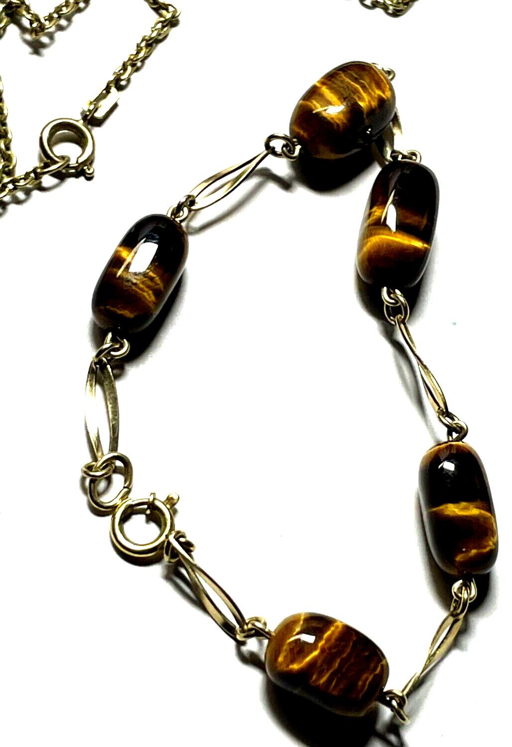 Vintage Amerikaner Gold Double Kette Anhänger Armband mit Tigerauge schönes Set3