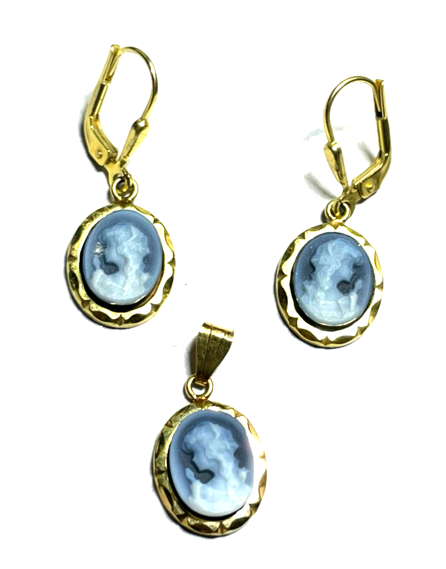 333 Gold Cameo blue Onyx Ohrringe und Anhänger Set Kamee7
