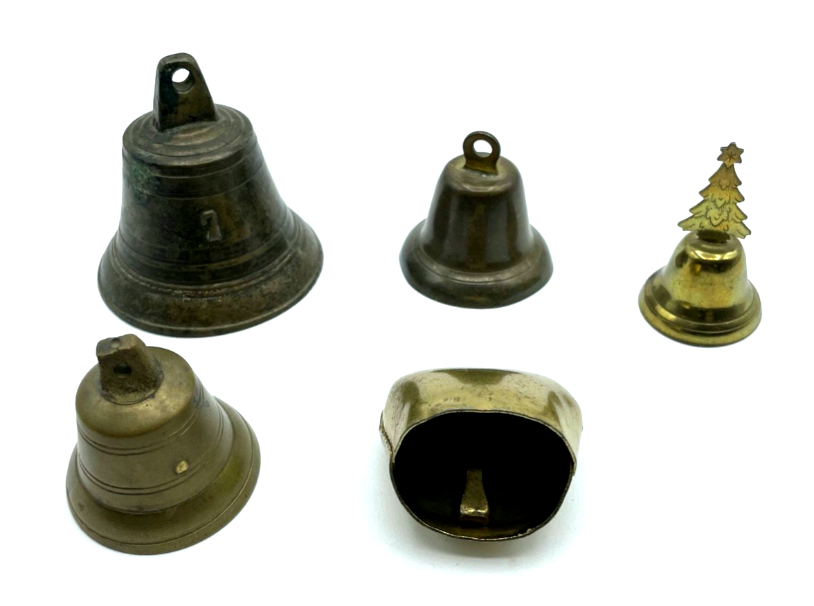 Vintage Konvolut 5 kleine Glocken aus Bronze und Messing gepflegt Dachbodenfund1