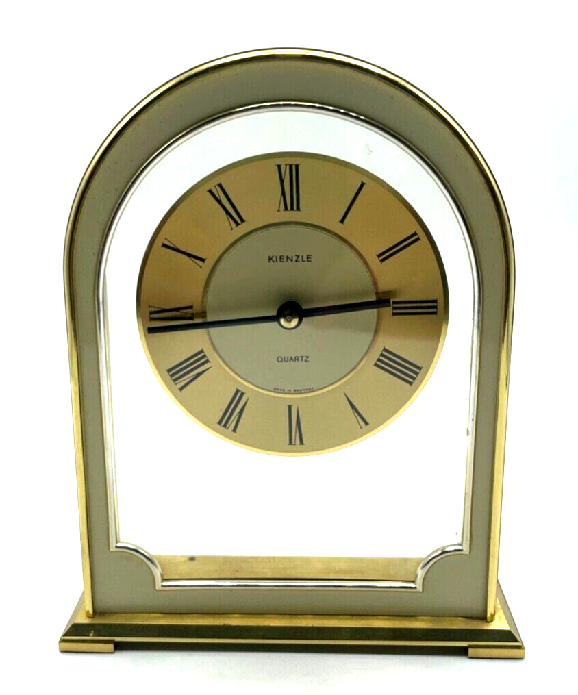 Vintage formschöne Kienzle Tischuhr Messing Gehäuse + Emaille Quartz Werk läuft0