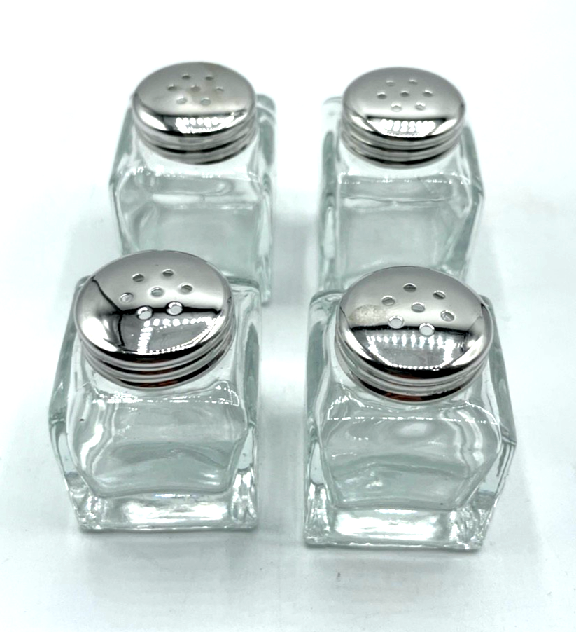 4 kleine vintage Salzsteuer aus Glas mit 925 Sterling Silber Deckel unbenutzt0