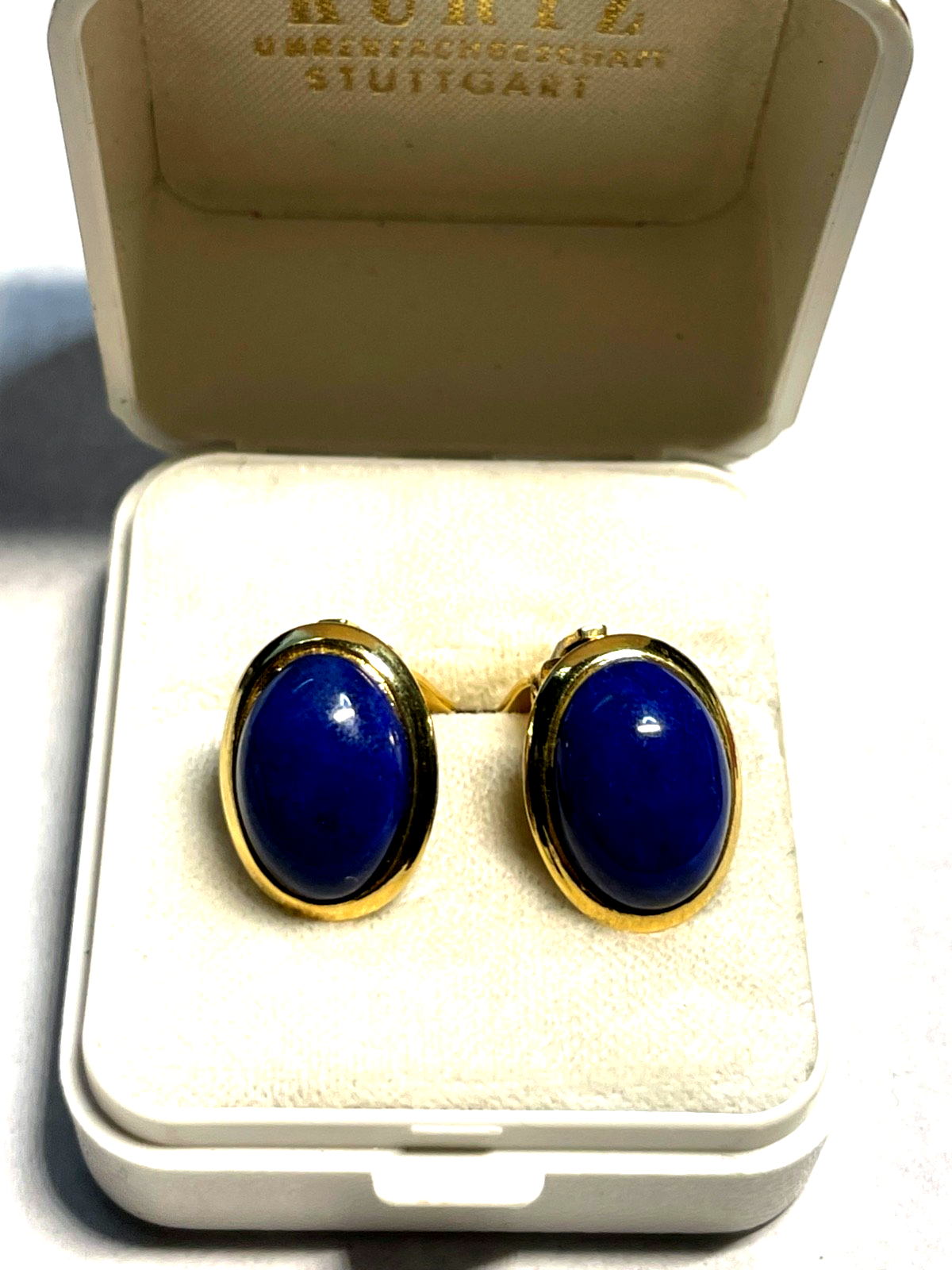 Paar elegante 925 Silber vergoldete Ohrclips Clips Lapislazuli Cabochon wie neu0