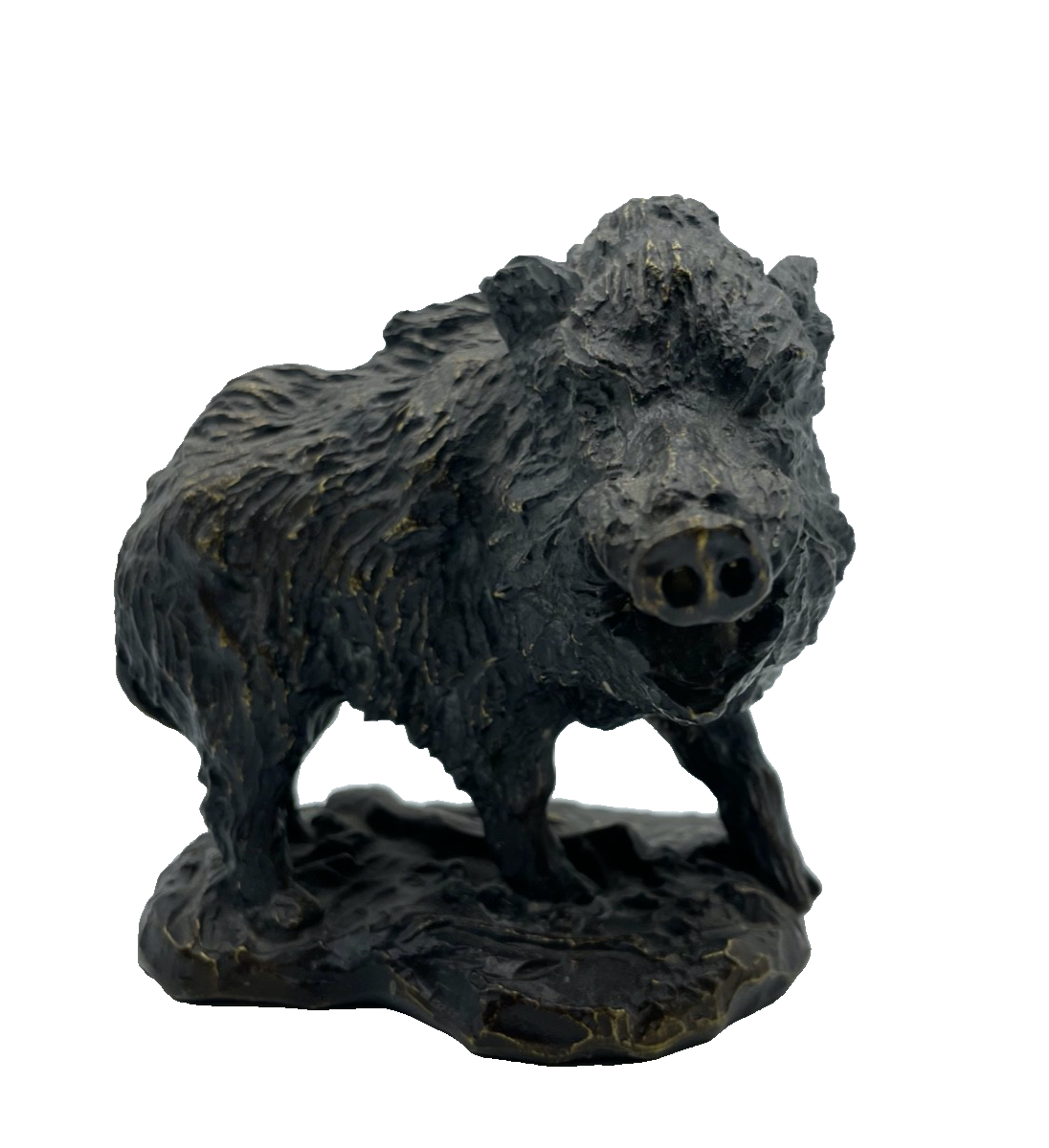 * Vintage Tierplastik Bronze Metallguß Wildsau Wildschwein Keiler Figur Patina0