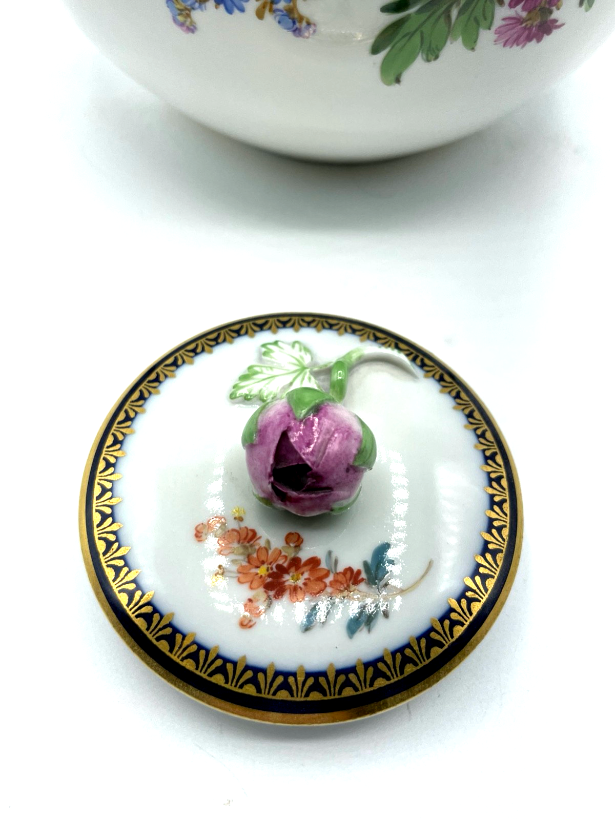 Antik Meissen Porzellan Teekanne 1. Wahl Blumenbukett Kobalt + Golddekor 1A Zust4