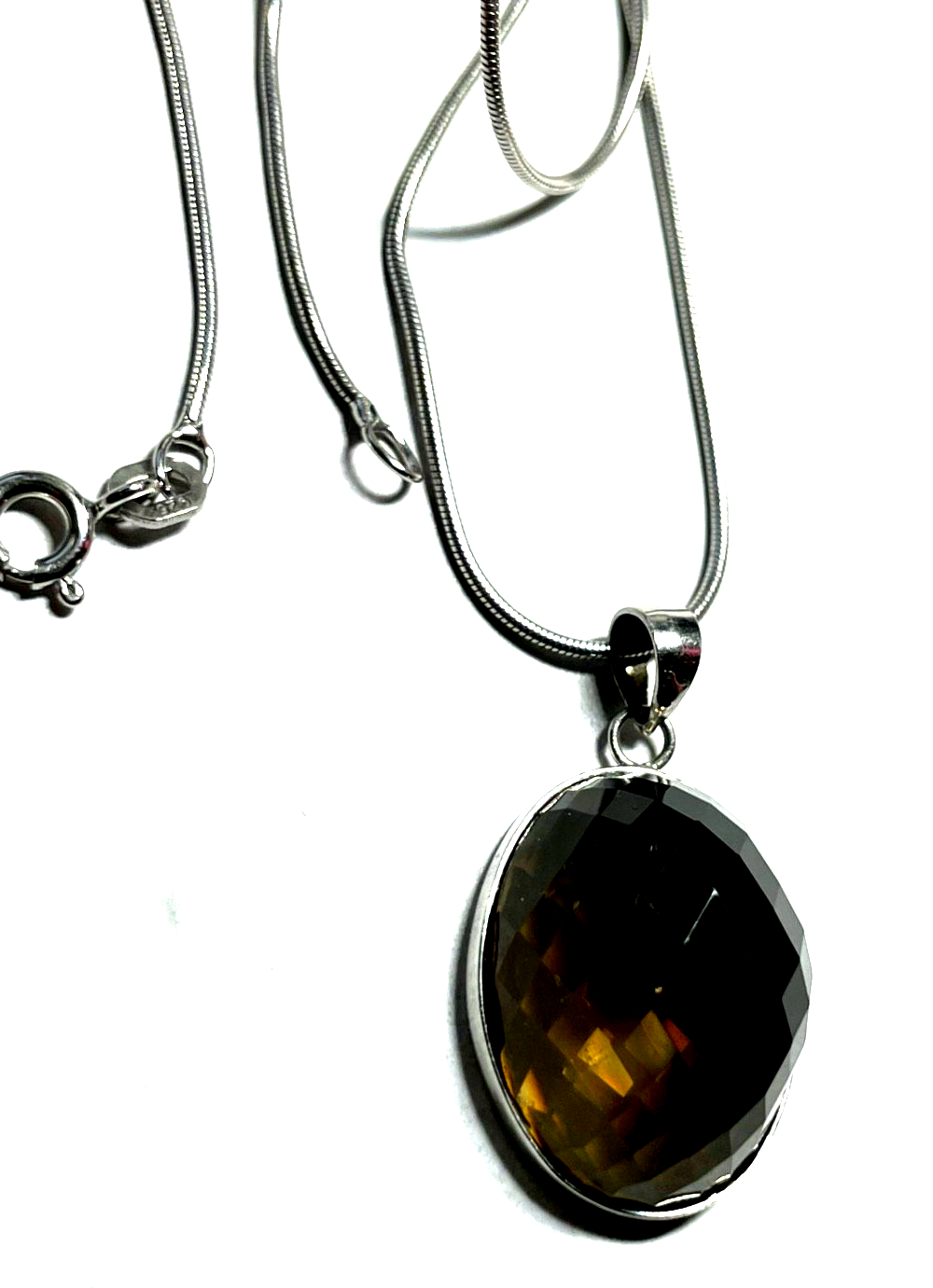 925 Sterling Schlangenkette mit facettiertem Rauchquarz Anhänger top gepfl.1