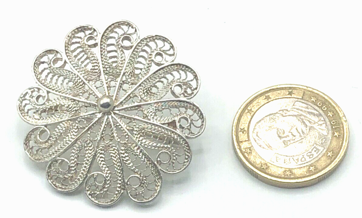 Antik 800 Silber Brosche Anstecknadel Filigransilber Handarbeit Tracht Ø 38 mm0
