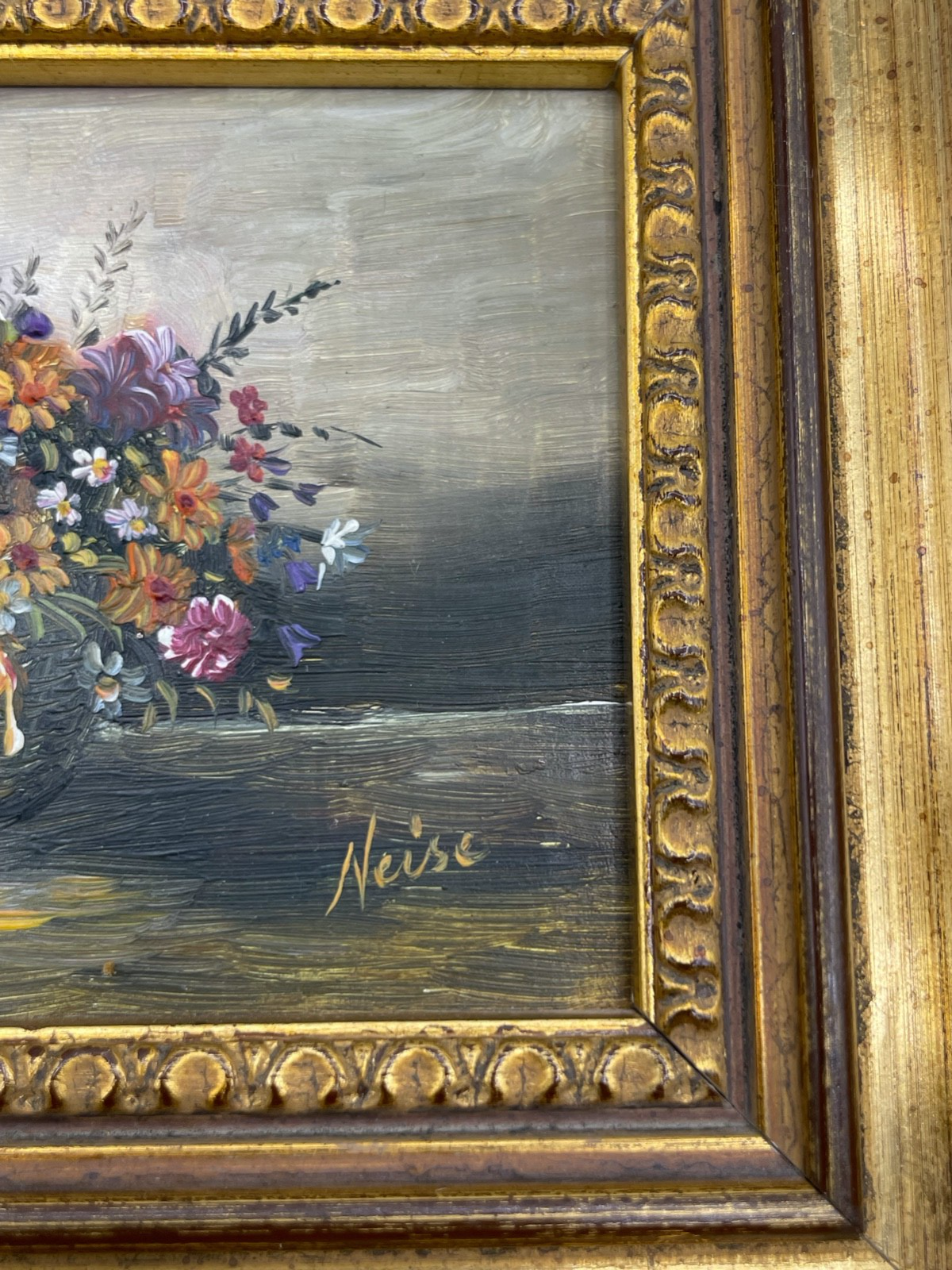 3 reizvolle kleine Ölgemälde Blumen Motive im Goldrahmen Kunstmalerin Neise5