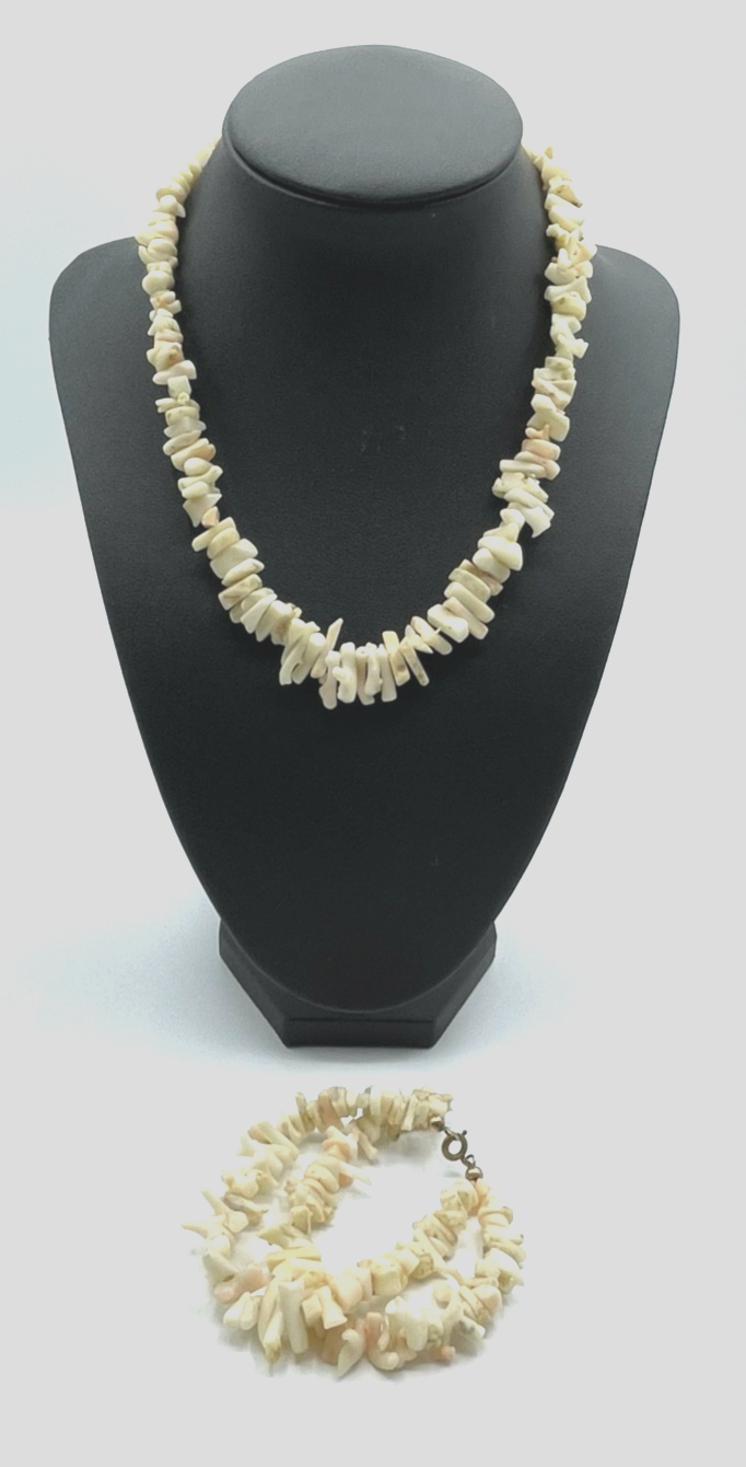 Vintage weiße Koralle Set Halskette + Armband 2-reihig 50er Jahre Splitterkette0