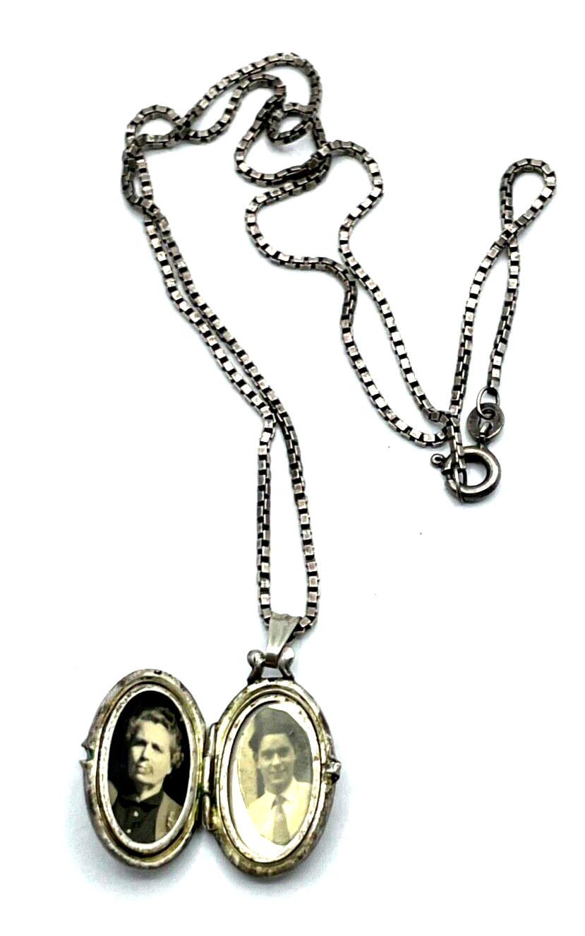 Antik kleines K&L Silber Medaillon Anhänger Onyx Kleeblatt Sterling Silberkette4