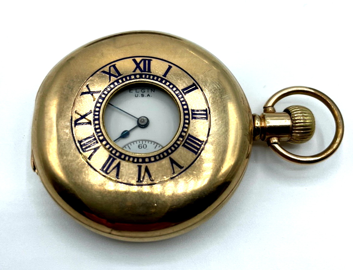 Antik HTU Herren Taschenuhr Elgin USA Golddouble + Glassturz TU Ständer läuft4