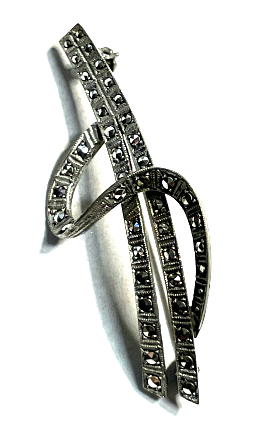 Elegante 835 Silber Brosche Markasit original antik Handarbeit Art Deco Design1