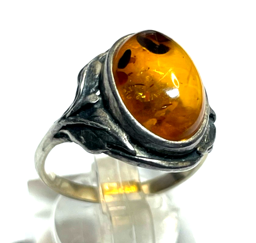 925 Silber Ring Bernstein Cabochon oval RG 56 Ø 17,8 mm solide Qualität gepflegt0
