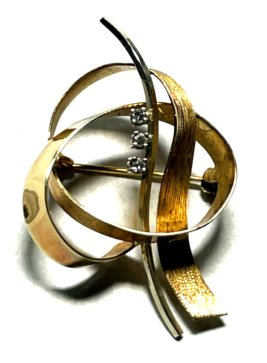 Elegante 585 Gold 14 K Gold Brosche Anstecknadel 3 x Diamant 4,54 Gr. Juwelier2