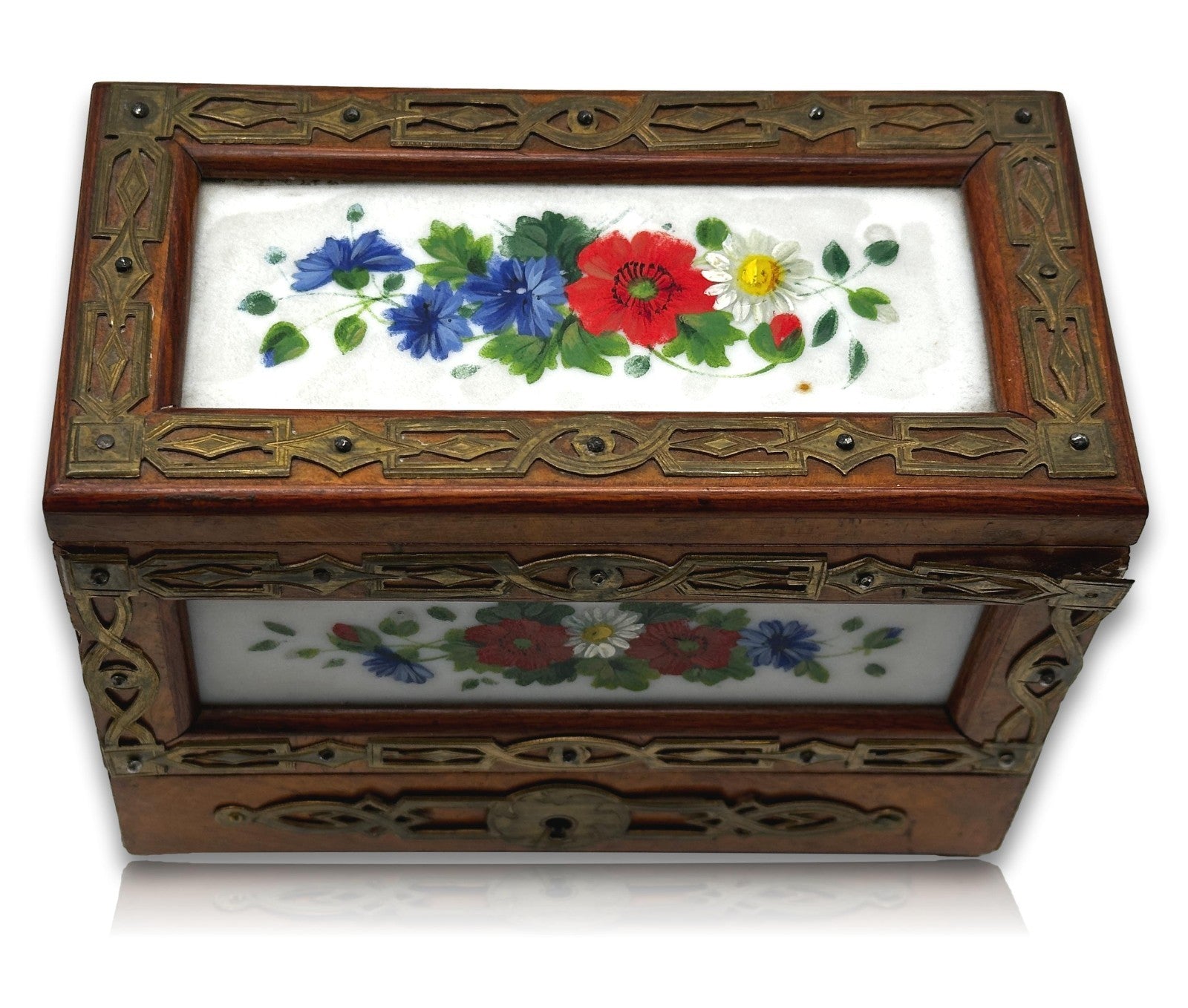 Jugendstil - Reisetantalus um 1900 Nussfurnier Messing Porzellan 3 Flakons antik10