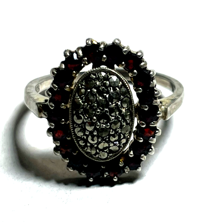 Antik 835 Silber Ring Markasiten + Granat um 1920 sehr gepflegt RG 54 Ø 17,2 mm1