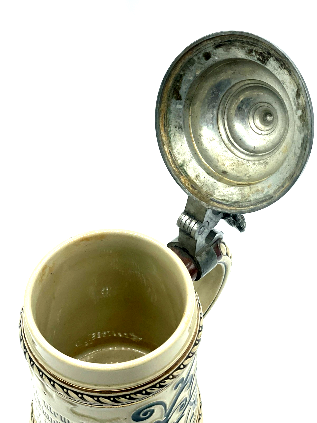 Antik Steinzeug Bierkrug mit Zinn Deckel Bier Seidel vor 1900 Trinkspruch 1/2 L6