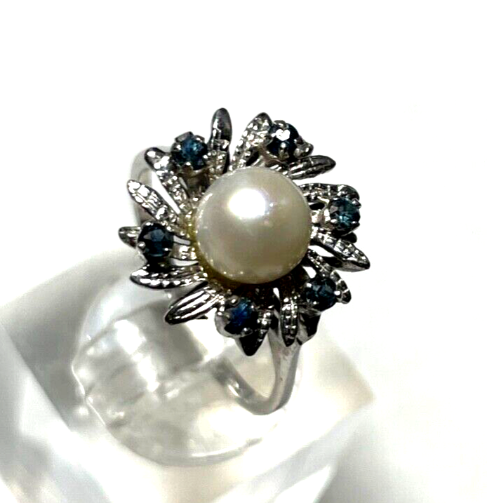 750 Gold 18 K Ring Weißgold Perle + 6 Saphir klassisch Ø 16,2 mm RG 51 Juwelier1