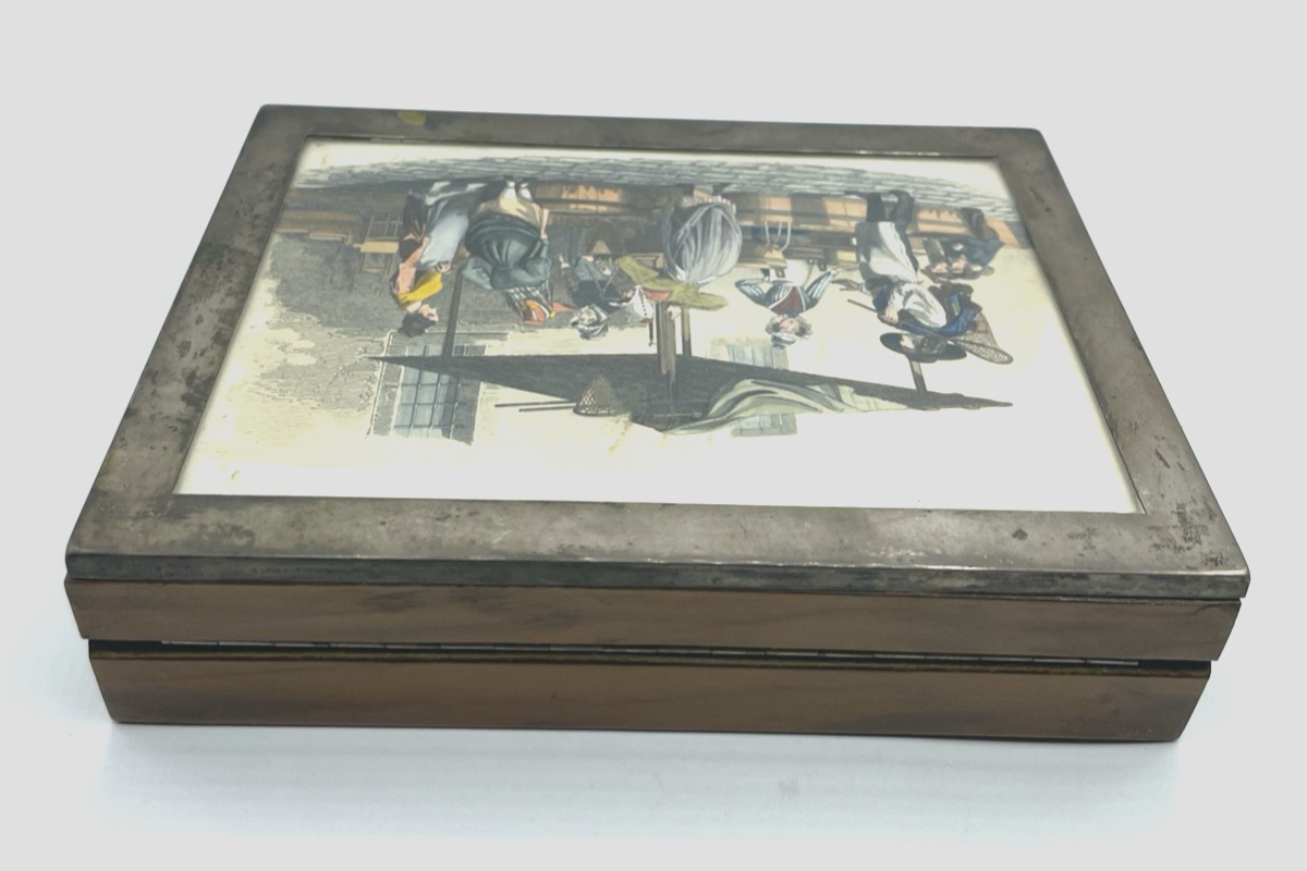 Antik Wiener Holzschatulle Deckeldose 800 Silber Montur col. Litho 20,5 x15,7 cm4