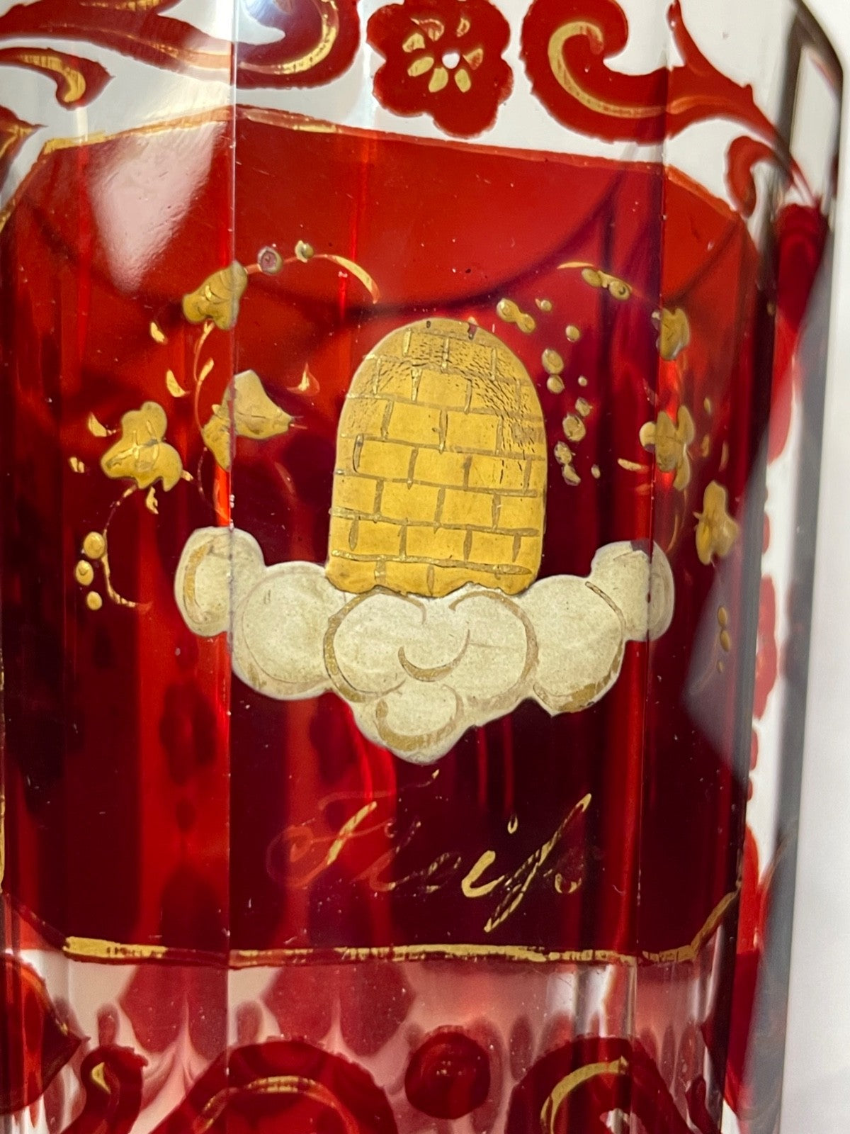 Biedermeier Pokal Überfang Glas Becher Ranftbecher handbemalt + Gold Dekor4