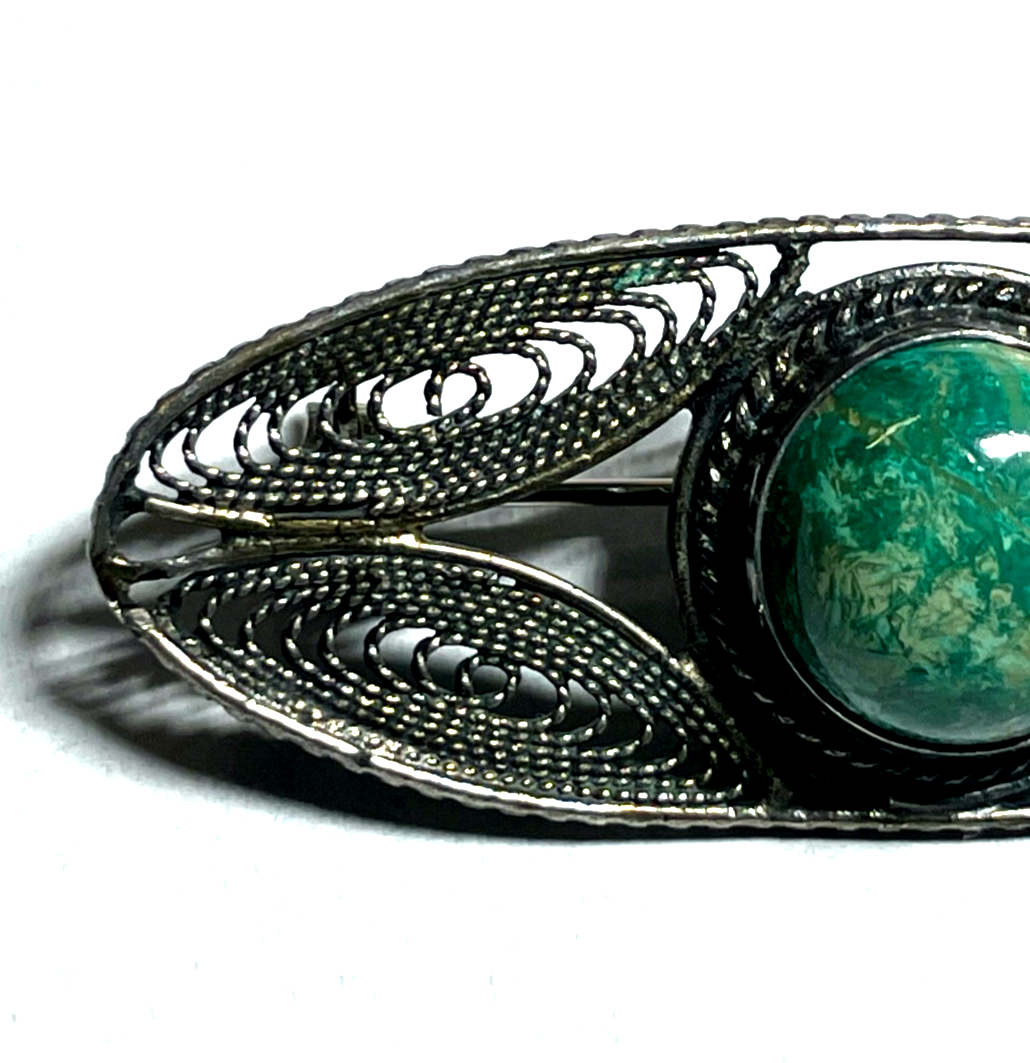 Vintage filigrane 930 Silber Brosche mit rundem Eilat Cabochon Handarbeit2