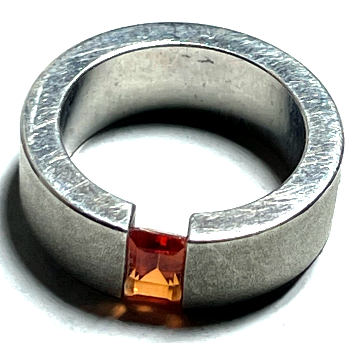 925 Silber Designer Ring Bandring mit orange Granat massiv gebürstet RG 53 Ø16,85
