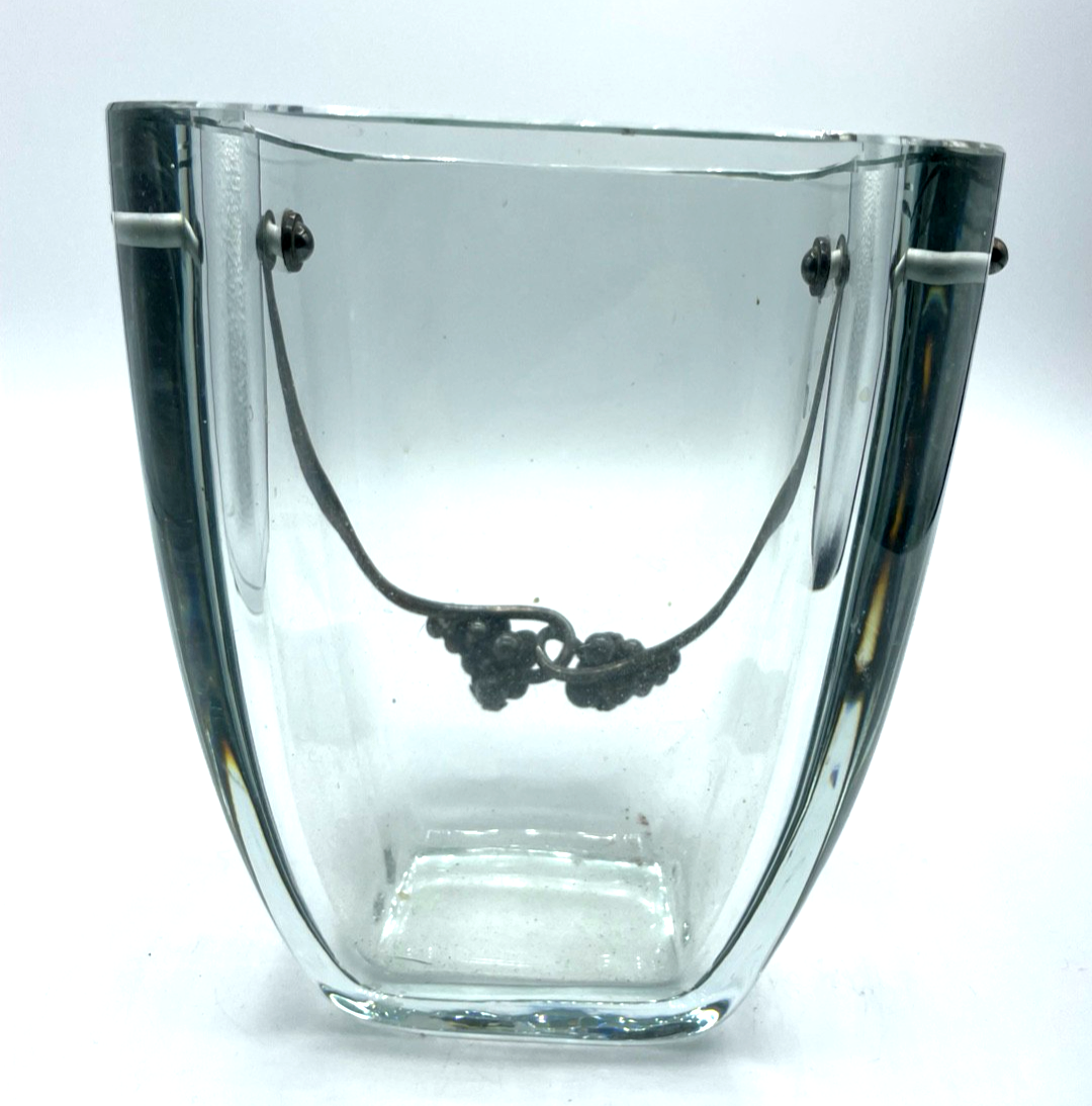 Antik großer schwerer Eiswürfel Behälter Kristallglas 925 Silber Henkel4