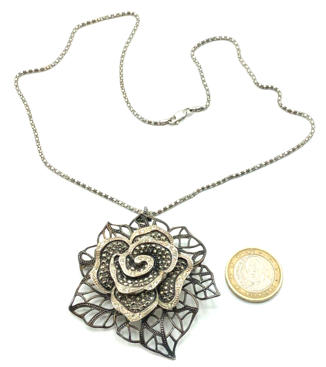 Mega TJM 925 Silber Anhänger Brosche Rose Markasiten Zirkonia + Kette Handarbeit1