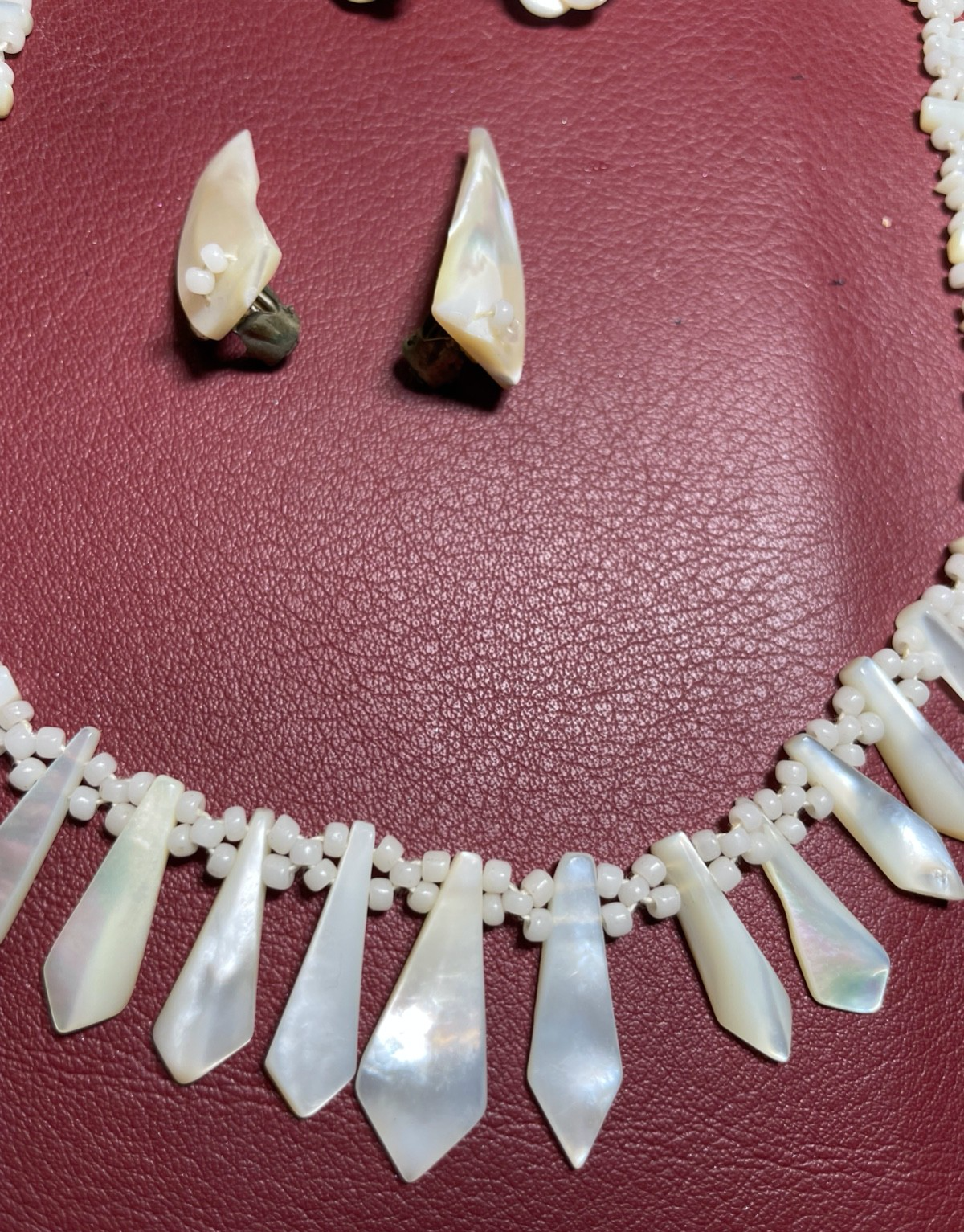 Antik Set wunderschönes antik Perlmutt Collier + 2 Paar Ohrclips Handarbeit1