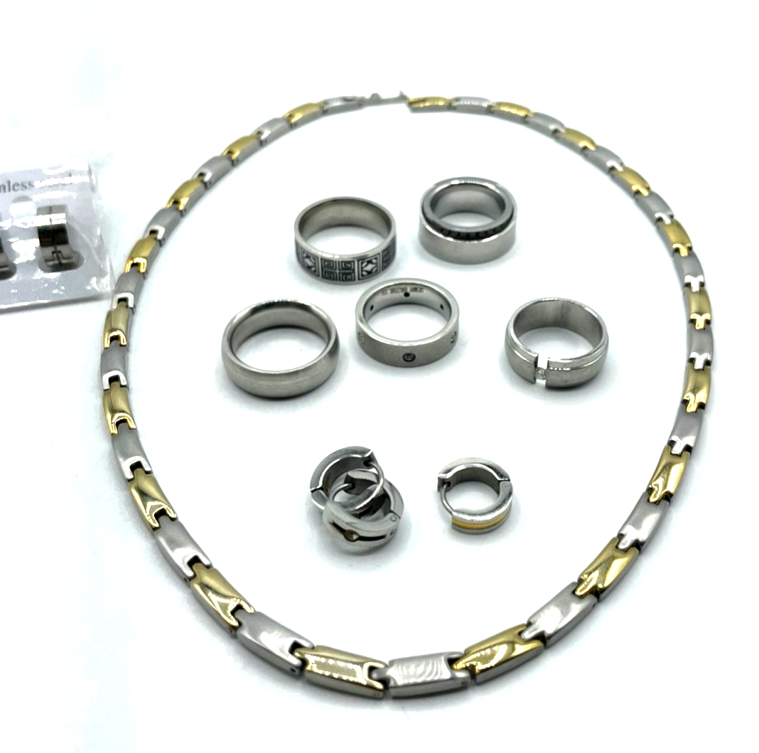 Konvolut 11 Teile Edelstahl Schmuck unisex tragbar Kette Creolen Ringe2