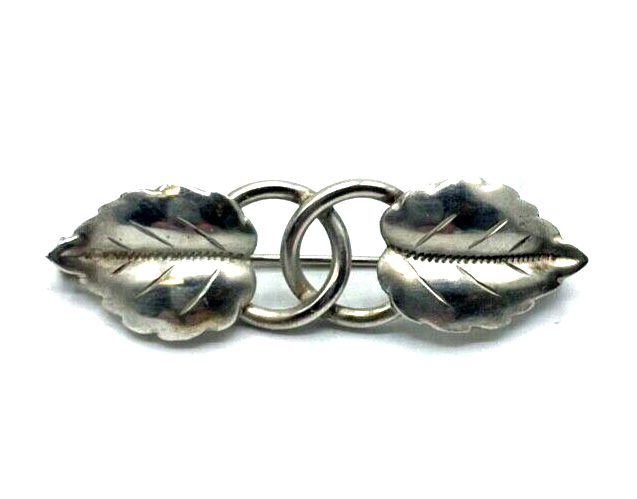 Antik 800 Silber Brosche Anstecknadel 2 Blätter Design Handarbeit 30erJ L 47 mm0