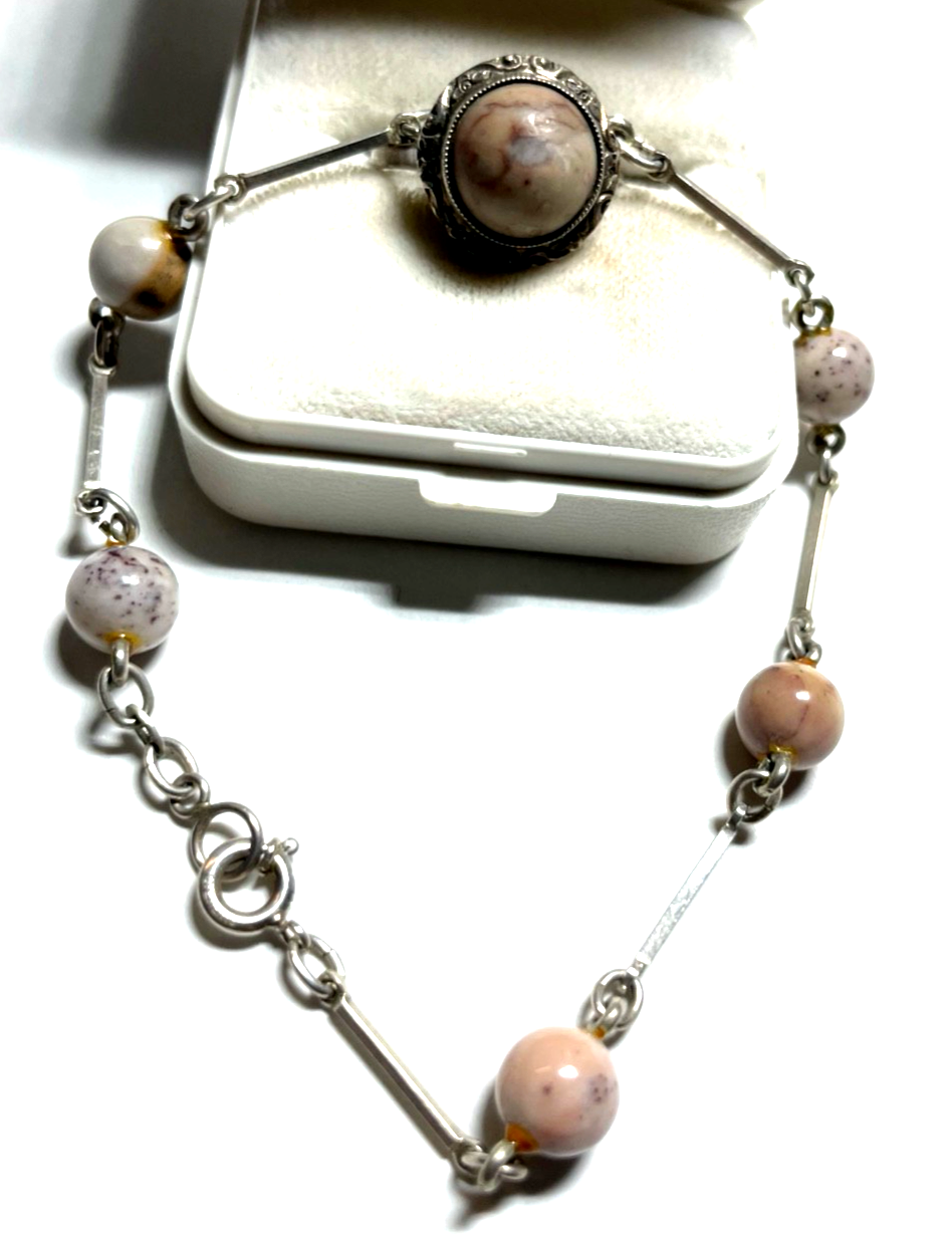 Vintage 800 RW Silber Set Armkette Armband + Ring mit Jaspis 60erJ 70erJ RG 530