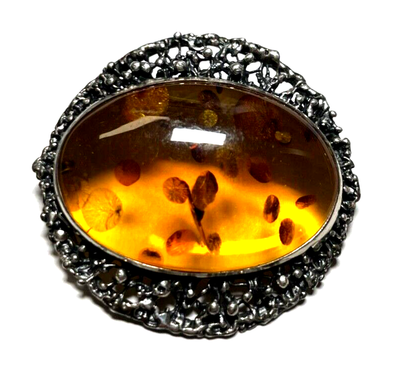 925 Silber Brosche Designer Anstecknadel / Anhänger Bernstein Cabochon Inklusen0