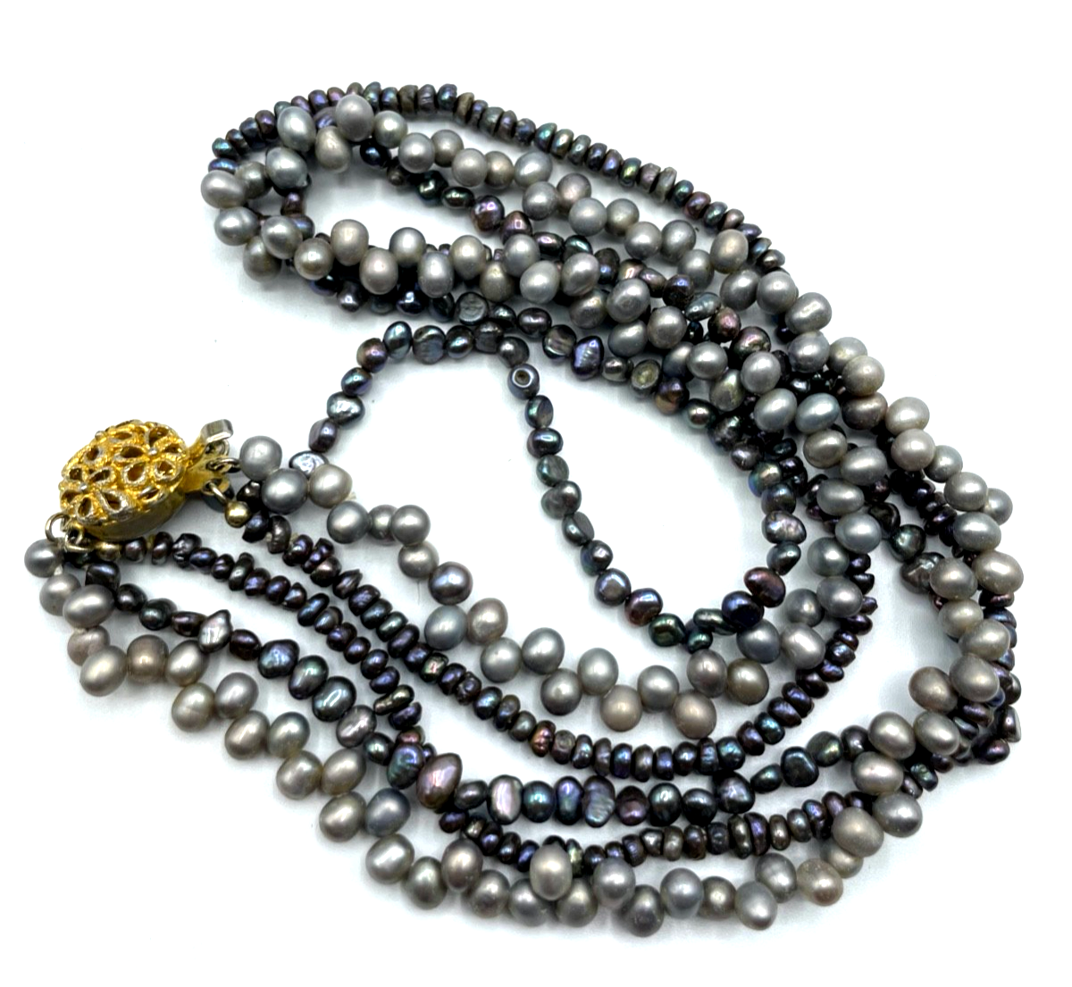 Vintage echte Perlenkette 3 reihig Collier Keshi SWZ Perlen sehr gepfl. Grautöne5