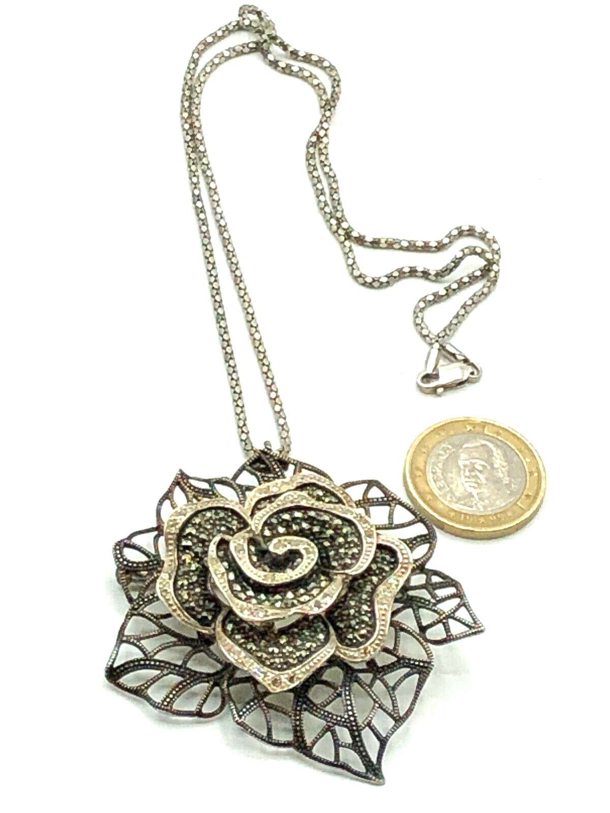 Mega TJM 925 Silber Anhänger Brosche Rose Markasiten Zirkonia + Kette Handarbeit9