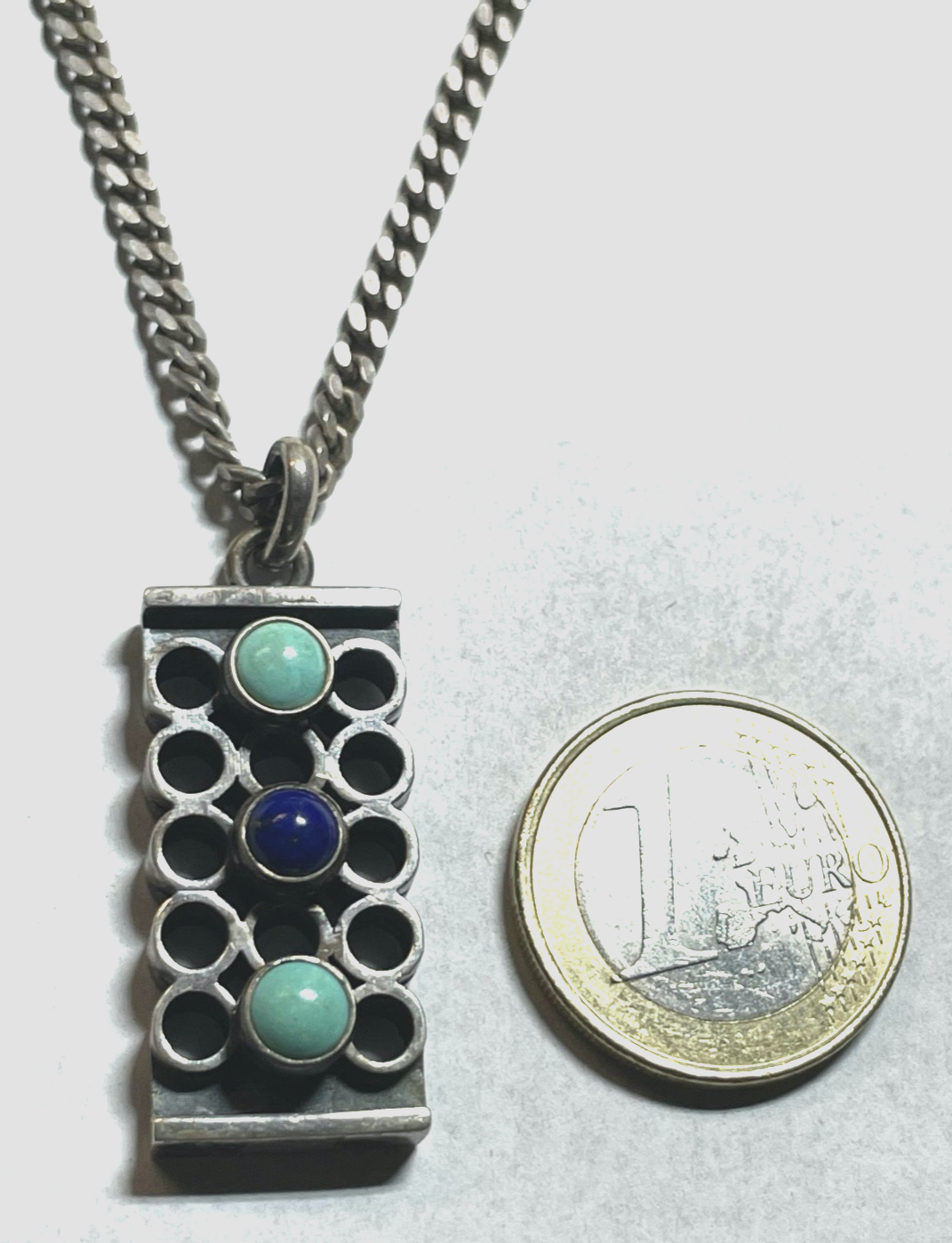 Mid century 835 Silber Anhänger Lapislazuli Türkis + 45,5 cm Silber Panzerkette1