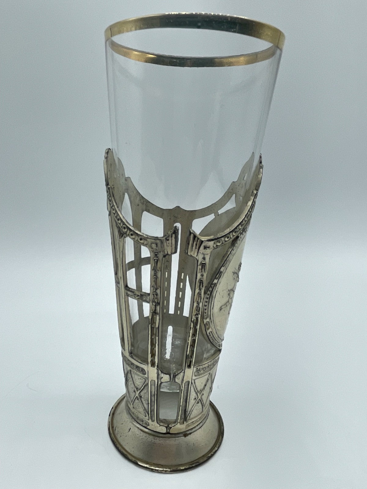 Antik Jugendstil Glas in versilberter Metall Montur mit Flötistin + Putte Engel10