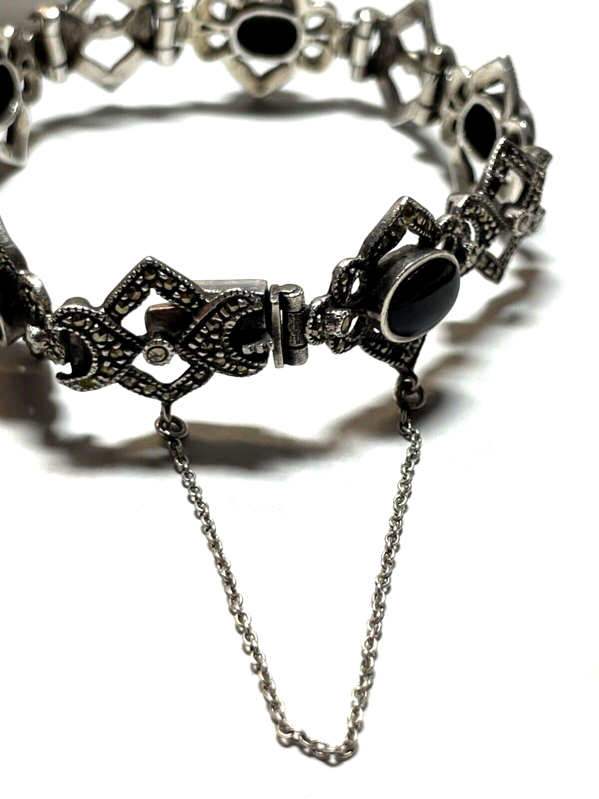 Traumhaftes solides 925 Silber Armband Handarbeit schwarzer Onyx + Markasit8
