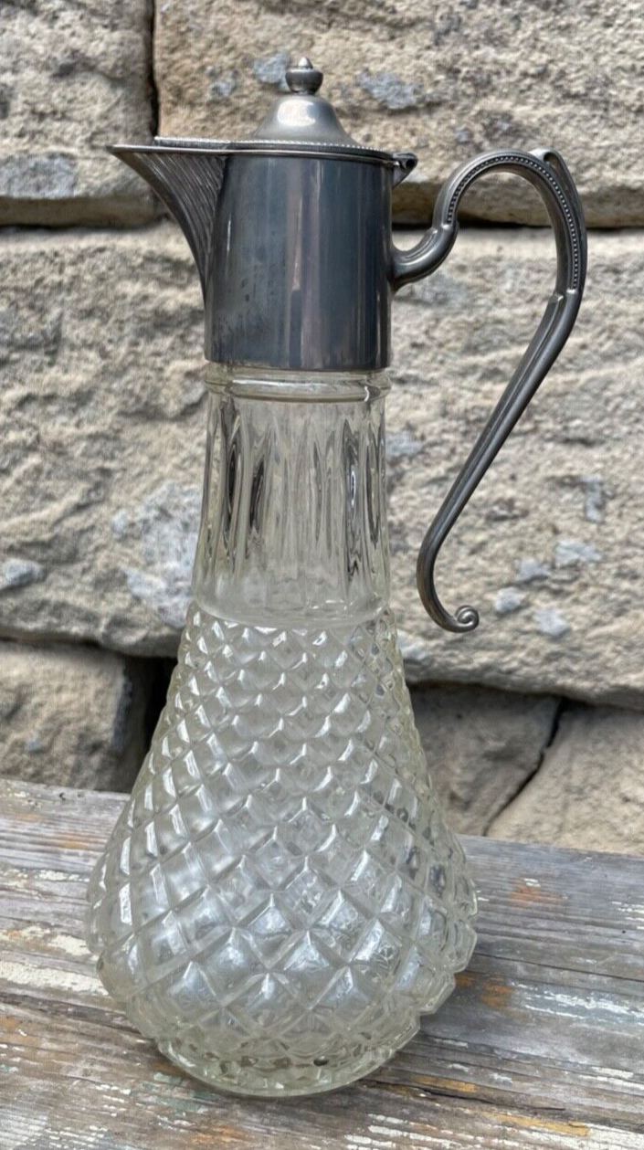 Antik große dekorative Pressglas Karaffe Zinn Montur England um 1920 H 29,5 cm0